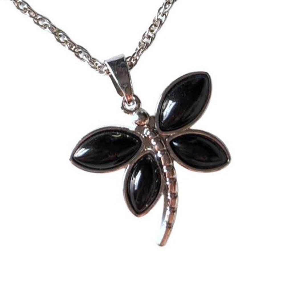 Silver tone dragonfly fashion necklace with black cabochon